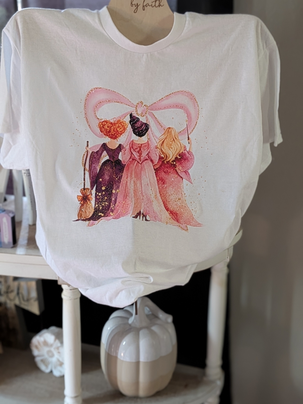 White Tee with Pink & Purple Witch Sisters Print